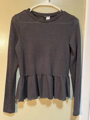 Divided Women's Size Small Peplum Top Black Sparkle Ribbed Long Sleeve Stretch thumbnail 2