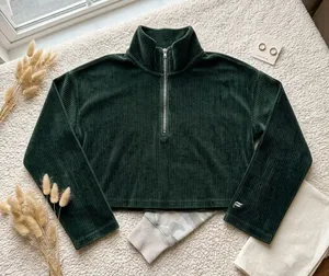 Fabletics Velour Corduroy Quarter Zip Size M‎ Forest Green Cropped Pullover thumbnail 1