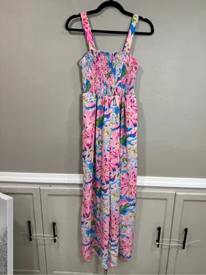 Smocked Floral Wide-Leg Jumpsuit in Pink & Blue thumbnail 3