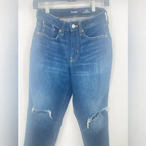 Old Navy Curvy O.G. Straight High Rise Distressed Knee Jeans Dark Wash size‎ 0 thumbnail 3