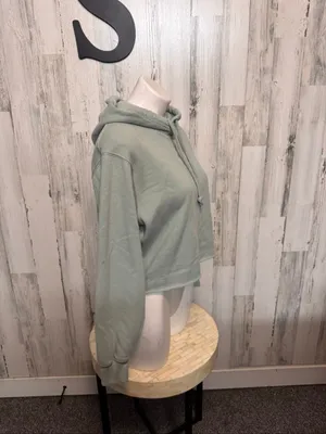 Hollister Embroidered Daisy Raw Hem Cropped Hoodie Womens Small Sage Green thumbnail 6