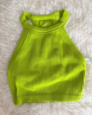 Aerie Seamless Ribbed High Neck Halter Crop Top Lime Green Size Small thumbnail 1
