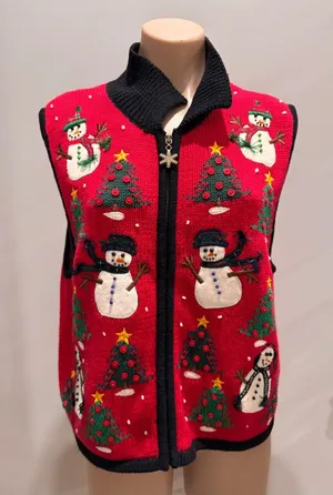 Bechamel Christmas Tree Vest Sweater Snowman Medium Red Black Winter thumbnail 1