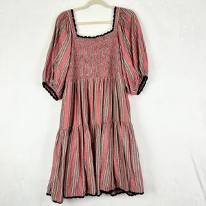 Sister Mary Sierra Dress Size Large Cotton Stripe Embroidered Smocked Boho Red thumbnail 4