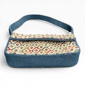 Anthropologie Fiona Beaded Bag Geometric Edition Moody‎ Flower Teal Blue New thumbnail 3