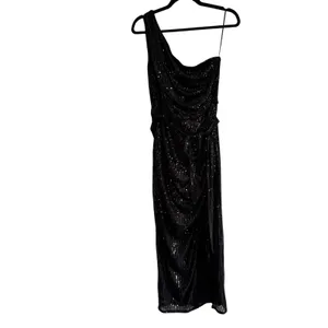 Grace Karin Black Sequin One Shoulder Maxi Dress Ruched Formal Gown Size L thumbnail 2