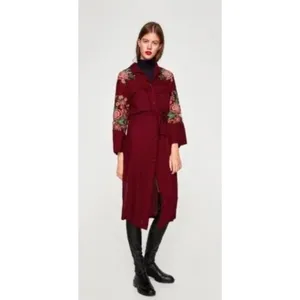 Zara Cardigan Women SMALL Red Navy Blue Plaid Button Front Maxi Dress Duster‎ thumbnail 3
