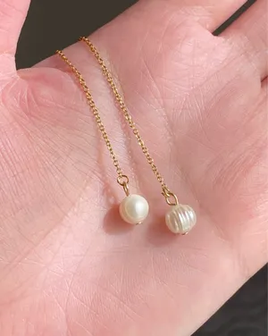 Handmade gold tone stainless steel dainty thread pearl earrings💖 thumbnail 5