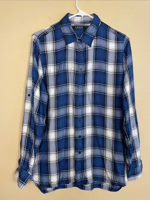Lauren Ralph Lauren Women’s Plaid Blue White Black LS Button-Up Shirt thumbnail 1