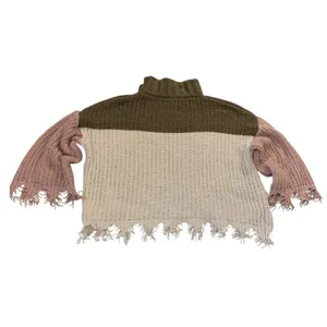 POL Sweater Womens Small Brown Pink Colorblock Fringe Mock Neck‎ MST127 Boho thumbnail 3
