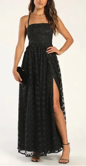 NWT Lulus Pursuing‎ Elegance Black Floral Embroidered Lace-Up Maxi Dress Medium thumbnail 1