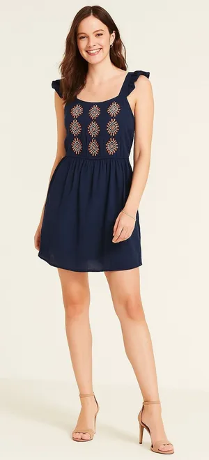 Miss‎ Me Navy Boho Embroidered Ruffle Strap Mini Dress Women's Large Lined Rayon thumbnail 1