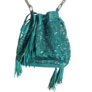 Womens Ion Turquoise Sequins Crossbody Chain Strap Cinch Tassel Purse thumbnail 2