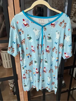 Bamboo Christmas pajamas shirt top short sleeve henley Rudolph santa reindeer thumbnail 1