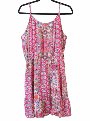 Boho Pink Paisley Tiered Mini Dress // Vibrant Summer Solstice Vibe M thumbnail 5