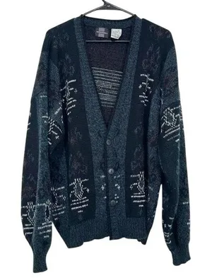 Vintage Oversized Blue Argyle Cardigan Grunge‎ Eclectic Grandpacore Funky Fall thumbnail 1