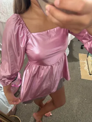 JODIFL Shimmer Pink Puff-Sleeve Peplum Top thumbnail 1