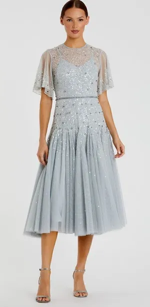 Mac Duggal Light Blue Size 6 Beaded Sequin Rhinestone High Neck MIDI Dress Gown thumbnail 1