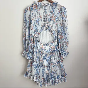 Hello Molly blue Floral Tiered Cutout Dress long sleeve flowy babydoll XS thumbnail 4