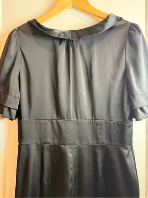 Phoebe Couture Blk Satin Tie Neck Cocktail Dress Flutter Sleeve Ruffle Hem Size8 thumbnail 9