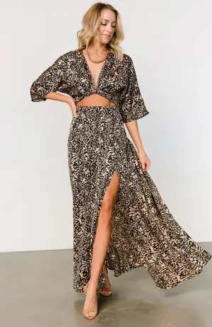 NWT Baltic Born High-Waist Black & Beige Printed Maxi Dress with Side Slit thumbnail 1