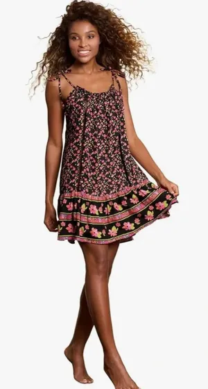 NWT Maaji Black Floral Viscose Short Flowy Mini Dress Size Medium thumbnail 1