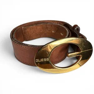 Guess Genuine Leather Belt Small‎ Brown Large Gold Buckle Adjustable Logo Y2K thumbnail 4