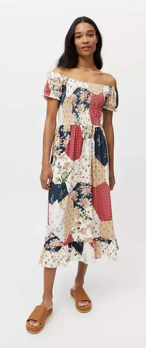 Urban Outfitters Maxi Dress Womens L Patchwork Smocked Boho Cottagecore Prairie thumbnail 1