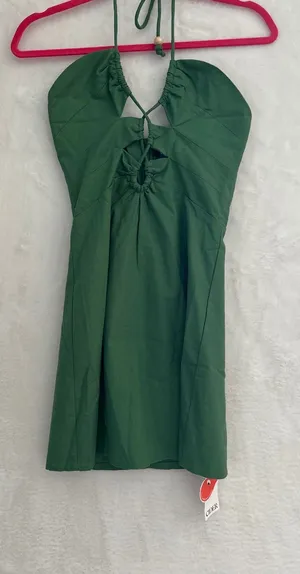 Cider Green Halter Mini‎ Dress NWT Cutout Lace Up Linen Blend Summer Festival XS thumbnail 1