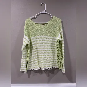 Free People Crochet Loose Fit Scoop Neck Striped Green & White thumbnail 3