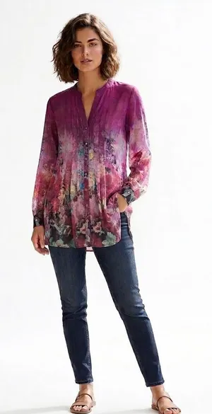 Soft Surroundings Magenta Floral Watercolor Pleated Tunic Blouse Women M Sheer thumbnail 1