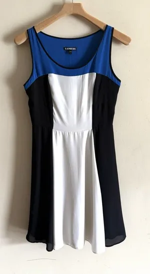 Express Color Block Blue Black Fit & Flare Skater Chiffon Dress Woman Sz 4‎ NWT thumbnail 1