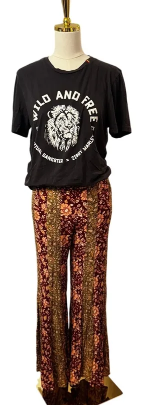 Free People Bali Wide Leg Flare Pants Wine Floral Patchwork Boho Size S thumbnail 1