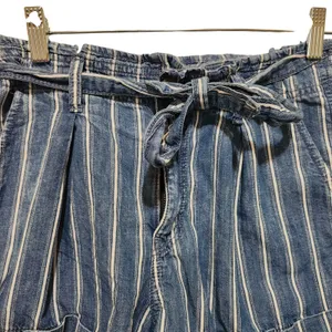 American Eagle Blue Striped Denim Belted Pleated Cotton Paperbag Shorts Size 4 thumbnail 9