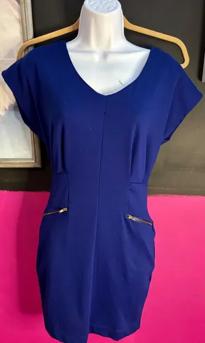 Forever‎ 21 Royal Blue Cap Sleeve Sheath Dress Gold Zip Pockets Size S thumbnail 1