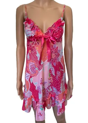 Avon Intimates Pink Eclectic Boho Hippie Barbie Ruffle Lingerie Mini Slip Dress thumbnail 2