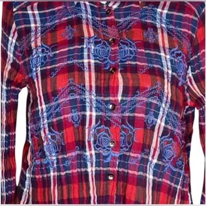 Free People XS Plaid Embroidered Button-Up Shirt Red/Blue Long Sleeve Cotton thumbnail 12