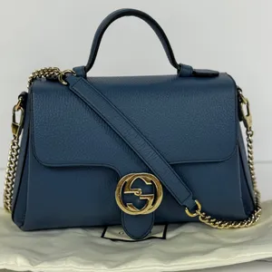 Gucci GG Interlocking Navy Leather Satchel with Gold Chain Made in Italy thumbnail 1