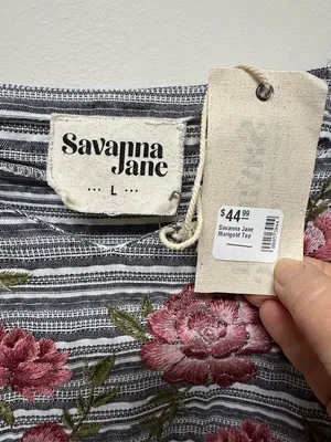 NWT Savanna Jane Striped Peasant Blouse with Pink Floral Embroidery thumbnail 2