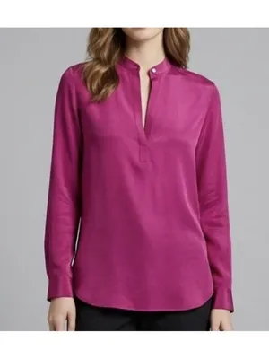 ⁠Vintage 80s 90s Magenta 100% Silk Blouse Mandarin Split Neck M⁠EDIUM NEW thumbnail 2