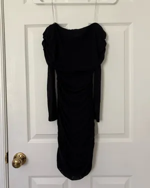Black Off the Shoulder Long Sleeve Mesh Bodycon Mini Dress thumbnail 4