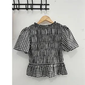 Rails Portia Ash Seersucker Gingham Smocked Tie Front Peplum Top Black White‎ M thumbnail 3