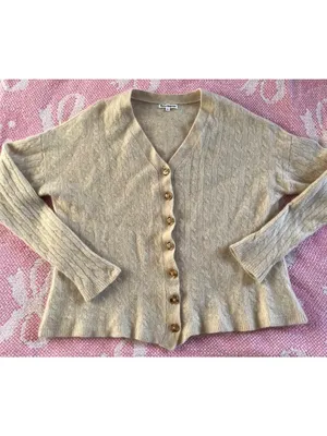Reformation Recycle Cashmere Cardigan Women Size S, V Neck Beige Cable Cropped thumbnail 2