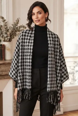 Houndstooth Fringe Poncho Wrap Open Front Shawl Black Grey Woven Cape Womens thumbnail 1
