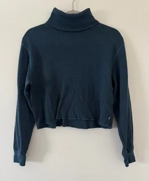 Aritzia TNA Cropped Waffle Knit Teal Mockneck Long Sleeve size small thumbnail 1