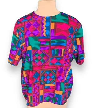 Vintage Hill & Archer Shirt Geometric Multicolor Purple Blue Crinkle‎ Fabric thumbnail 1