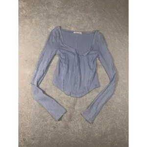 Free People We The Free XS Blue Pointelle Thermal Long Sleeve Raw Seam Top thumbnail 4