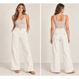 Anthropologie Cream Wide Leg Pants Womens US 0 High Rise Cotton Stretch Trouser thumbnail 2