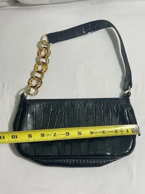 Black Faux Croc Embossed Shoulder Bag Tortoise Chain Accent Baguette Purse thumbnail 2