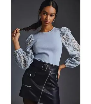 NWOT Anthropologie DOLAN Lace Puff-Sleeve Top Blue Size L Long sleeve thumbnail 1